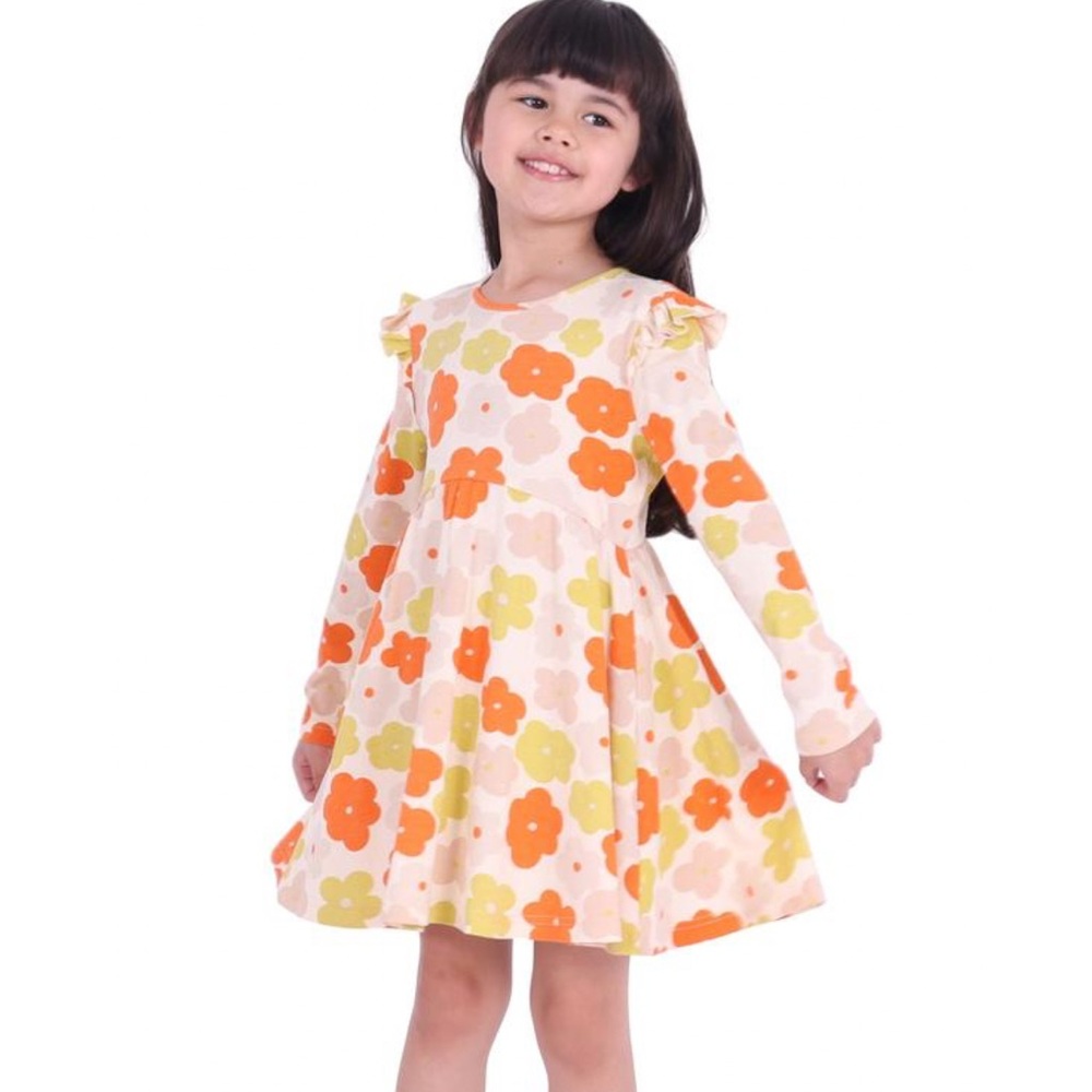 DOT AUSTRALIA KIDS YELLOW ORANGE FLORAL GARDEN FRILL RUFFLE LONG SLEEVE DRESS